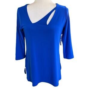 Sympli Slant Keyhole Top Lapis Blue 3/4 Sleeves 4 Officesiren Classic Stretch